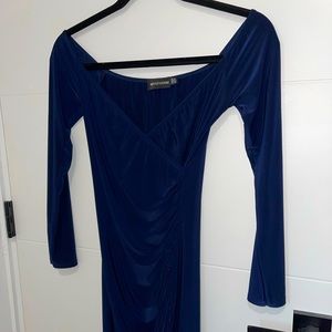 Bardot style off the shoulder navy blue bodycon dress